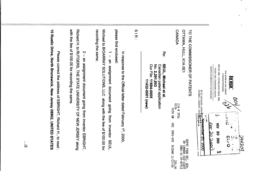 Canadian Patent Document 2291853. Correspondence 20001120. Image 1 of 2