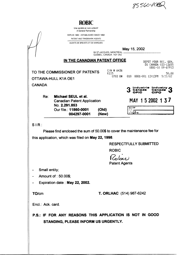 Document de brevet canadien 2291853. Taxes 20020515. Image 1 de 1