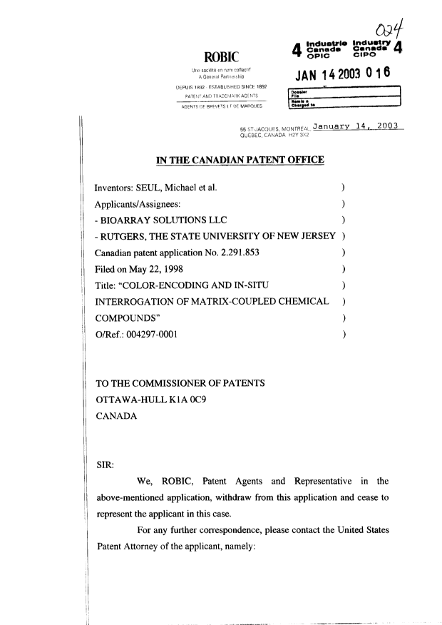 Document de brevet canadien 2291853. Correspondance 20030114. Image 1 de 2
