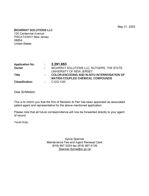 Document de brevet canadien 2291853. Correspondance 20030521. Image 1 de 1