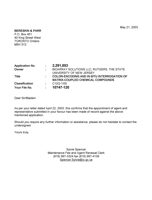 Document de brevet canadien 2291853. Correspondance 20030521. Image 1 de 1