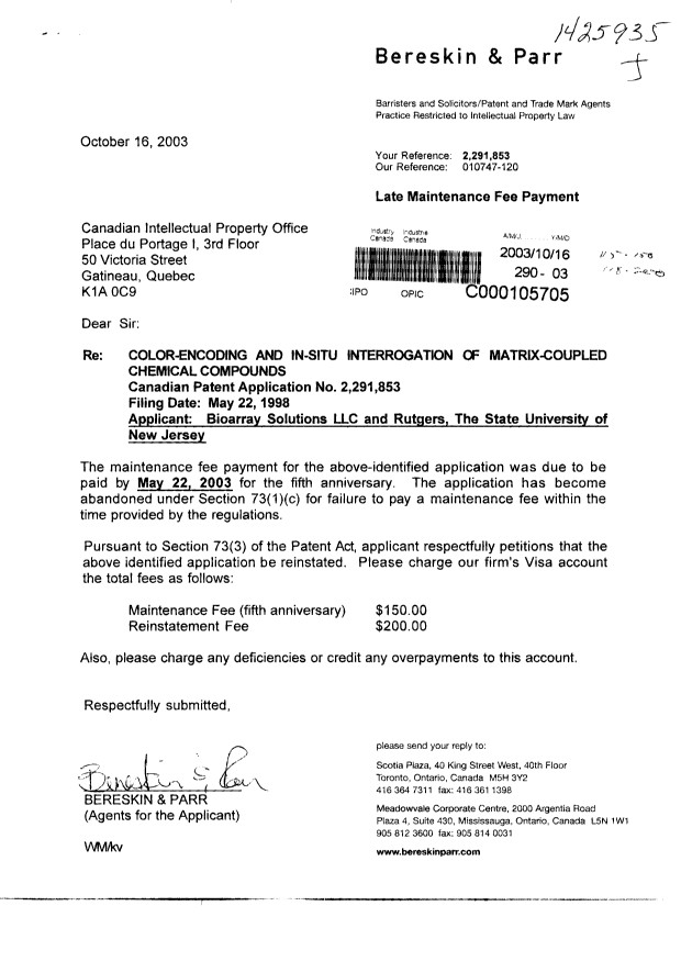 Document de brevet canadien 2291853. Taxes 20031016. Image 1 de 1