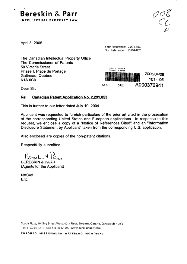 Document de brevet canadien 2291853. Poursuite-Amendment 20050408. Image 1 de 1