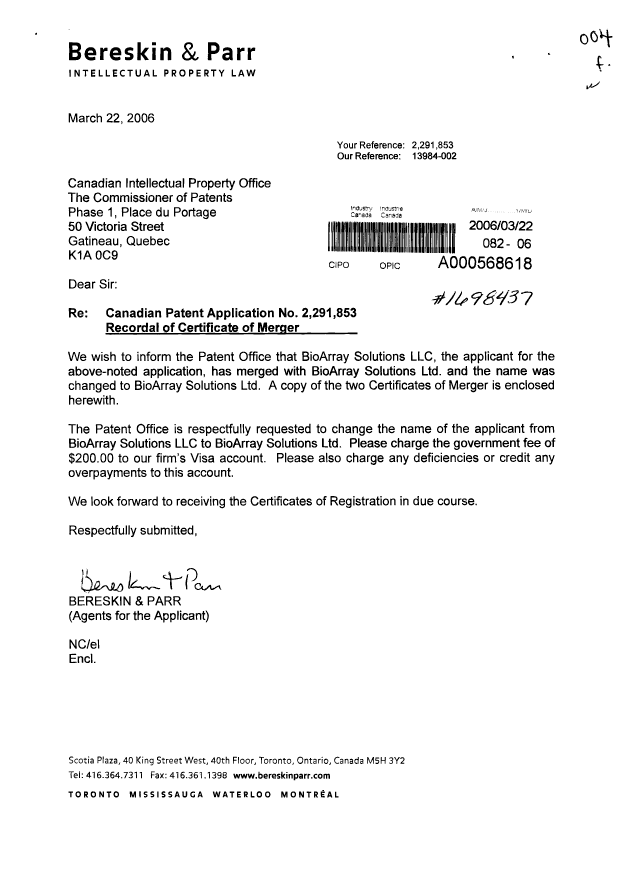 Document de brevet canadien 2291853. Cession 20060322. Image 1 de 18