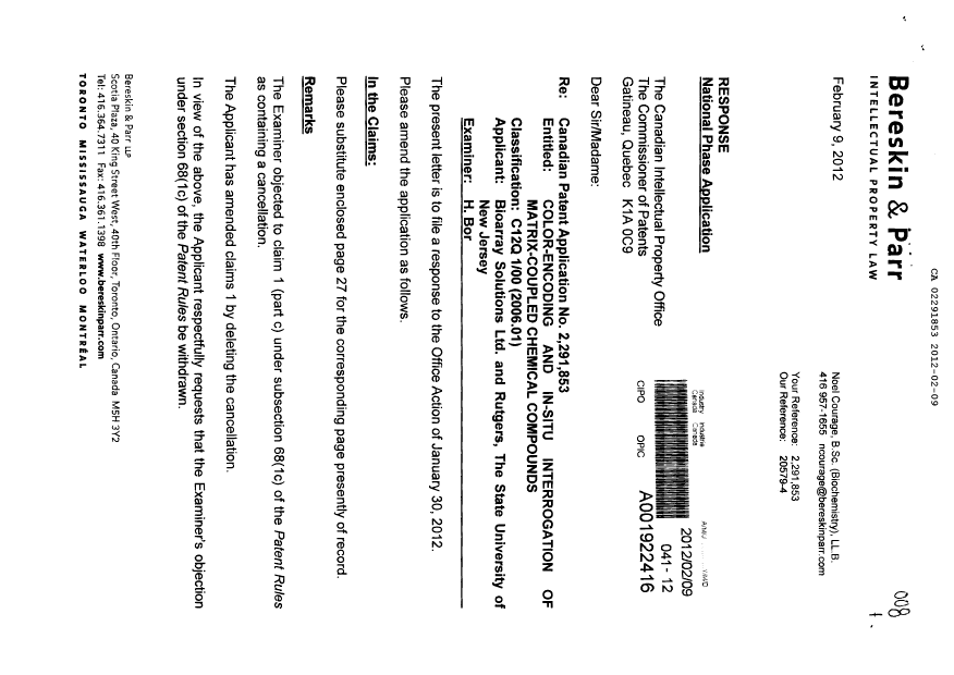 Canadian Patent Document 2291853. Prosecution-Amendment 20120209. Image 1 of 3