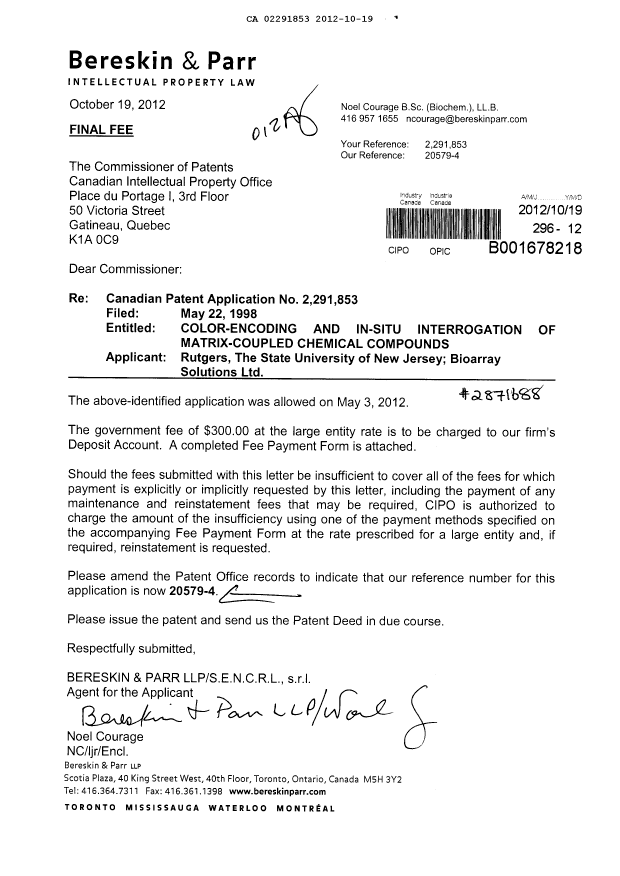 Document de brevet canadien 2291853. Correspondance 20121019. Image 1 de 1