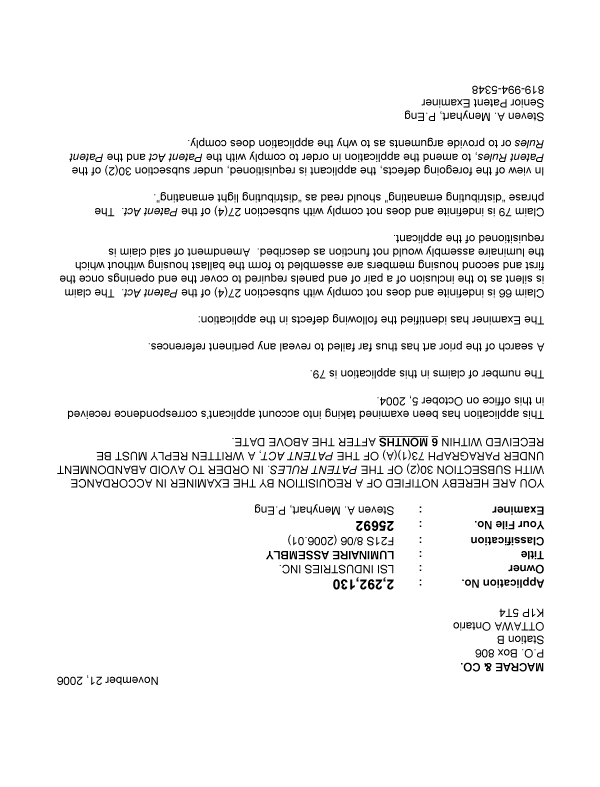 Canadian Patent Document 2292130. Prosecution-Amendment 20061121. Image 1 of 1