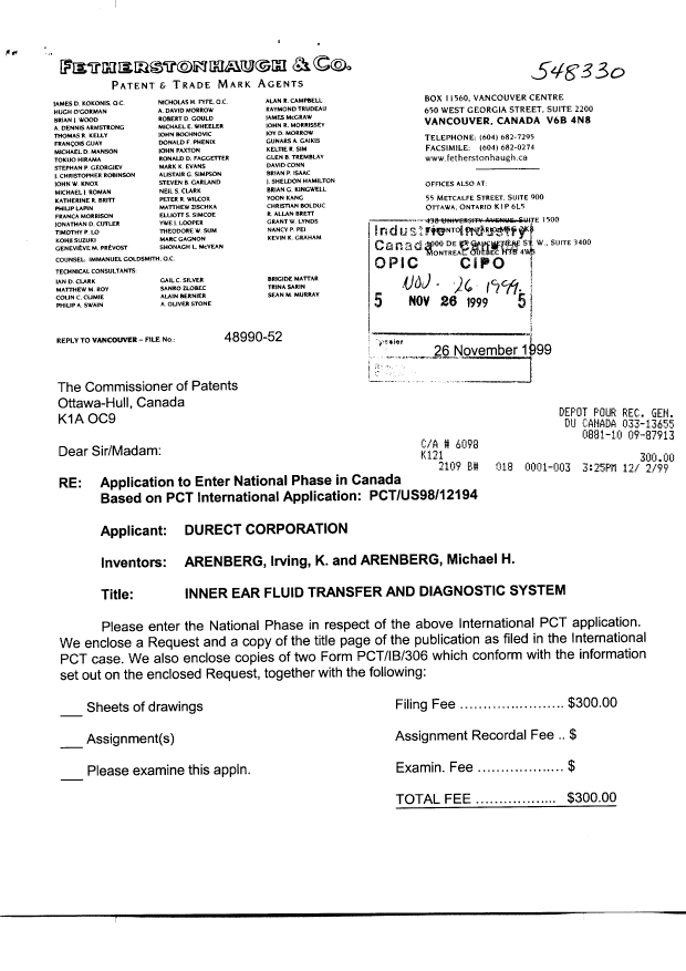 Document de brevet canadien 2292408. Cession 19991126. Image 1 de 4