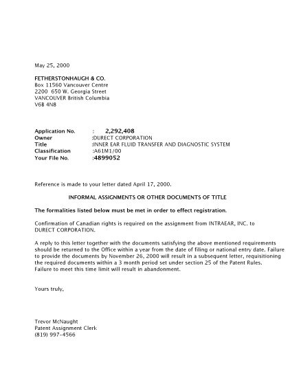 Canadian Patent Document 2292408. Correspondence 20000525. Image 1 of 1