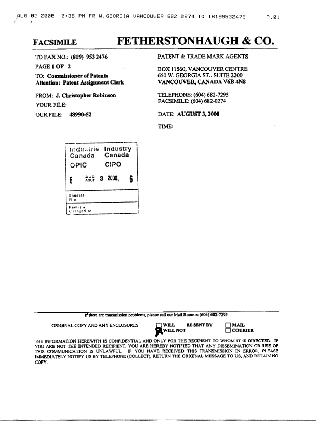 Canadian Patent Document 2292408. Assignment 20000803. Image 2 of 2