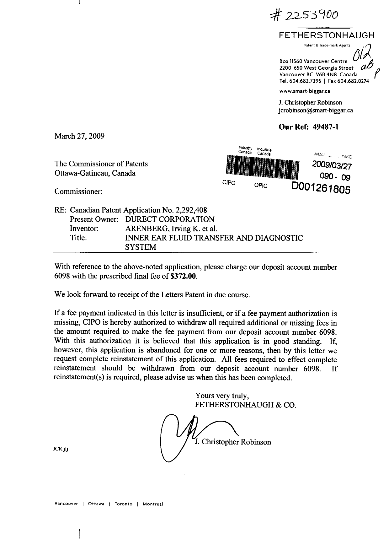 Canadian Patent Document 2292408. Correspondence 20090327. Image 1 of 1