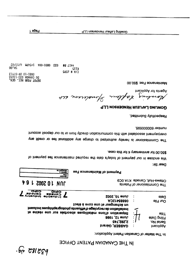 Canadian Patent Document 2292745. Fees 20020610. Image 1 of 1
