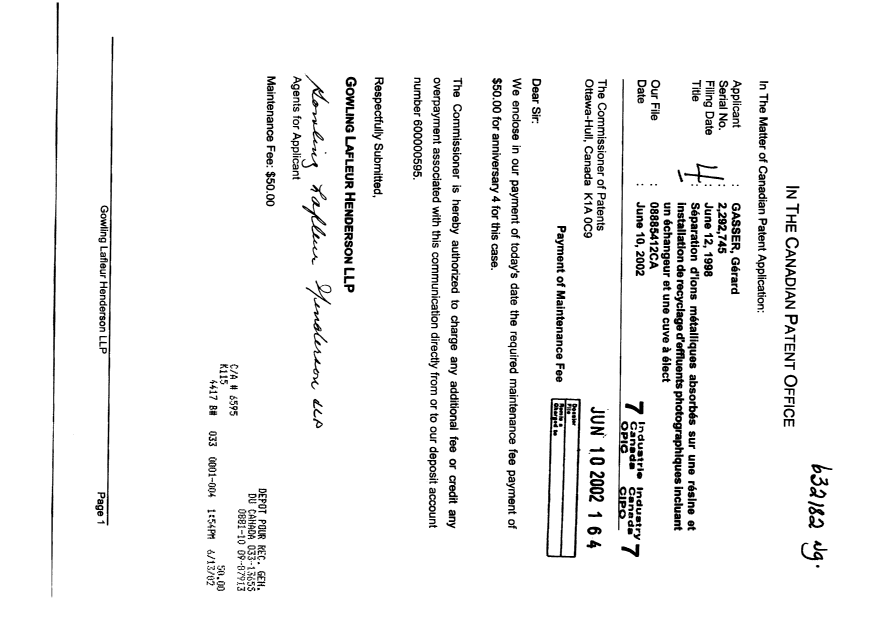 Document de brevet canadien 2292745. Taxes 20020610. Image 1 de 1