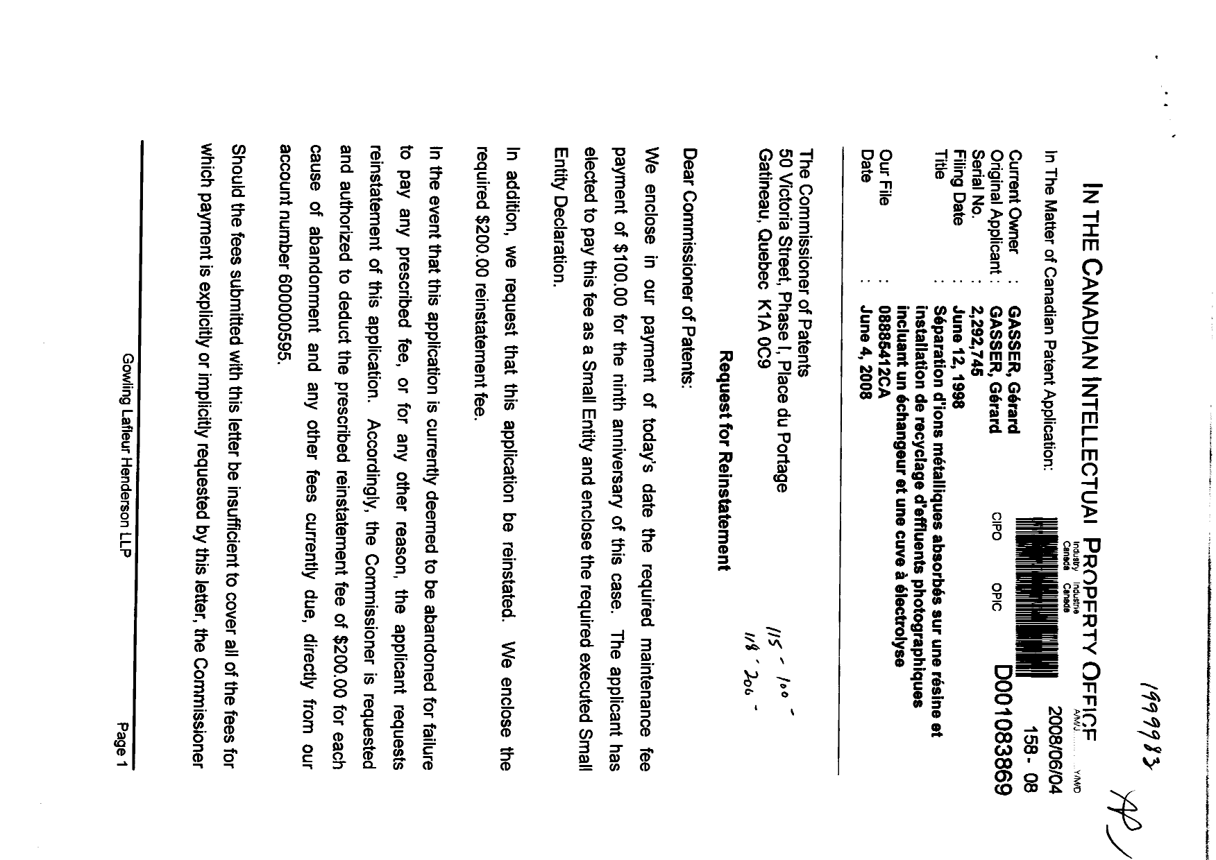 Canadian Patent Document 2292745. Fees 20080604. Image 1 of 2
