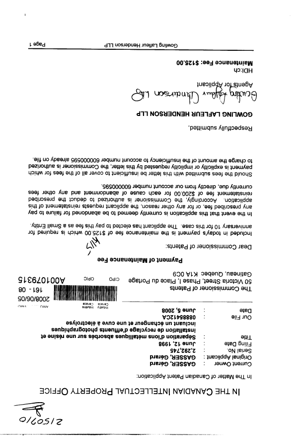 Canadian Patent Document 2292745. Fees 20080605. Image 1 of 1