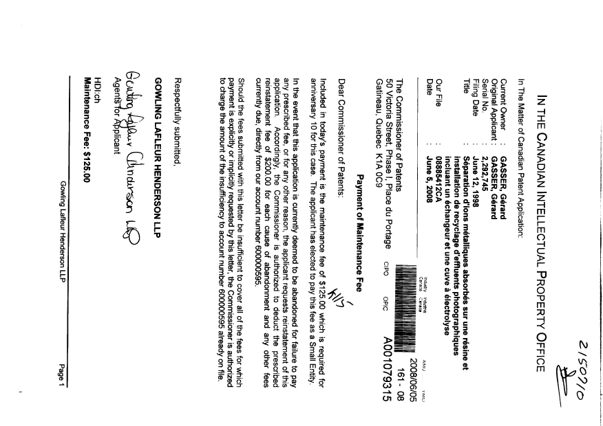 Document de brevet canadien 2292745. Taxes 20080605. Image 1 de 1