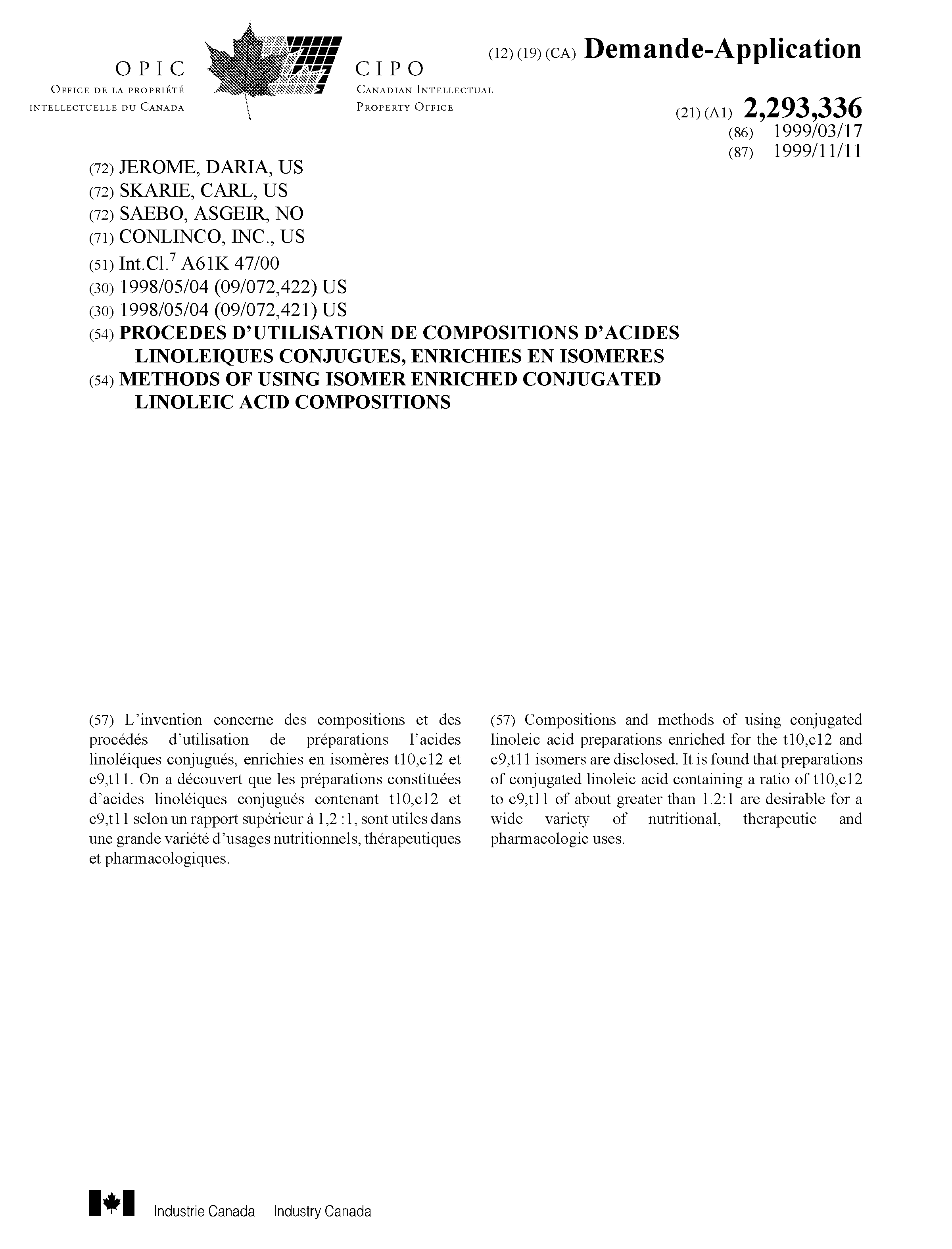 Canadian Patent Document 2293336. Cover Page 20000211. Image 1 of 1