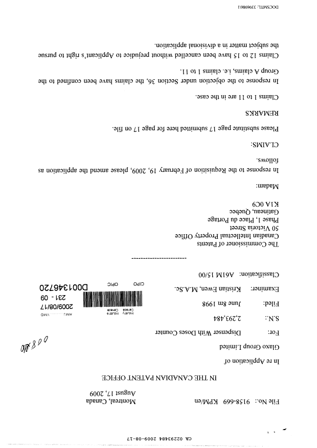 Canadian Patent Document 2293484. Prosecution-Amendment 20090817. Image 1 of 3