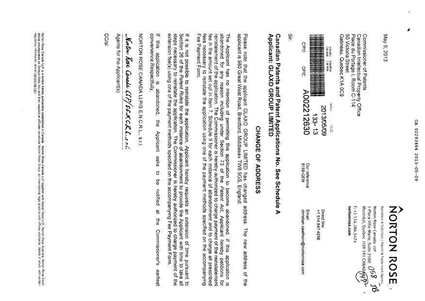 Document de brevet canadien 2293484. Cession 20130509. Image 1 de 10