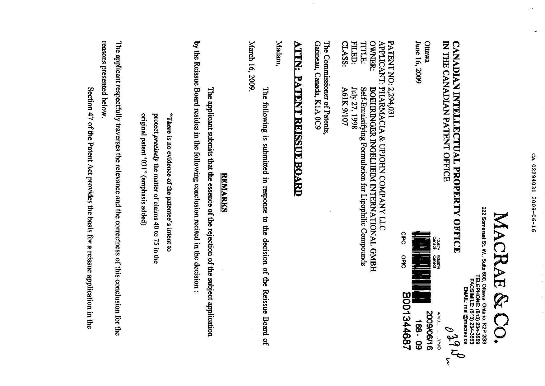Canadian Patent Document 2294031. Prosecution-Amendment 20090616. Image 1 of 8
