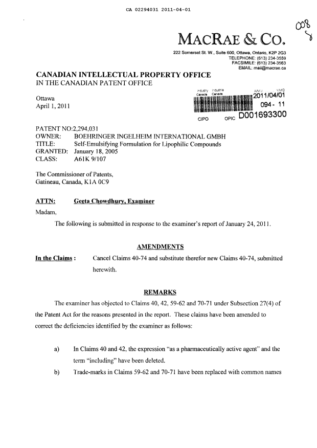 Document de brevet canadien 2294031. Poursuite-Amendment 20101201. Image 1 de 10