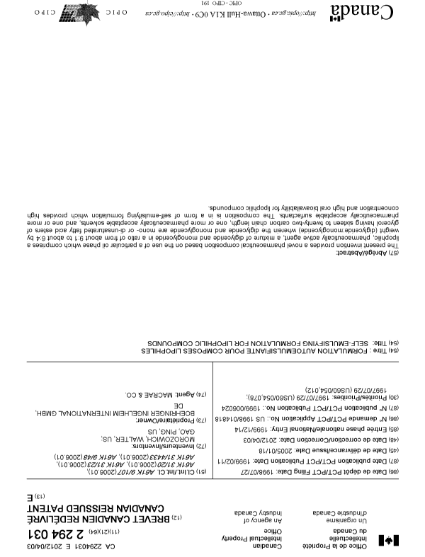 Document de brevet canadien 2294031. Page couverture 20111205. Image 1 de 1