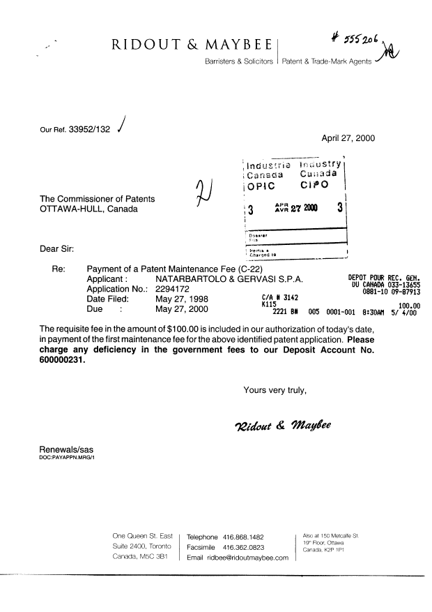 Document de brevet canadien 2294172. Taxes 20000427. Image 1 de 1