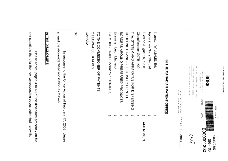 Document de brevet canadien 2294324. Poursuite-Amendment 20030401. Image 1 de 45