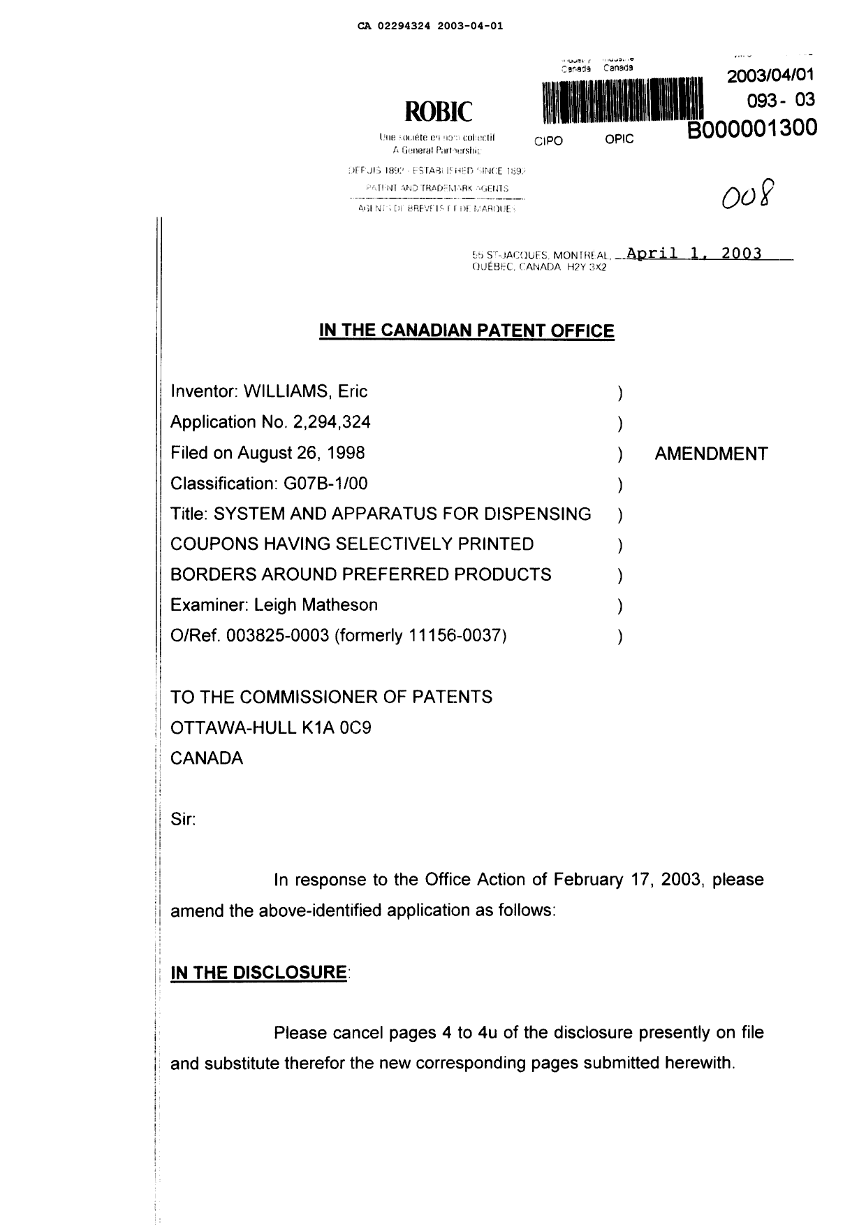 Canadian Patent Document 2294324. Prosecution-Amendment 20030401. Image 1 of 45