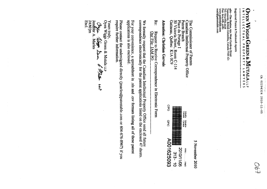 Document de brevet canadien 2294324. Correspondance 20101105. Image 1 de 1