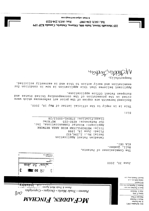 Canadian Patent Document 2294452. Prosecution-Amendment 20000630. Image 1 of 1