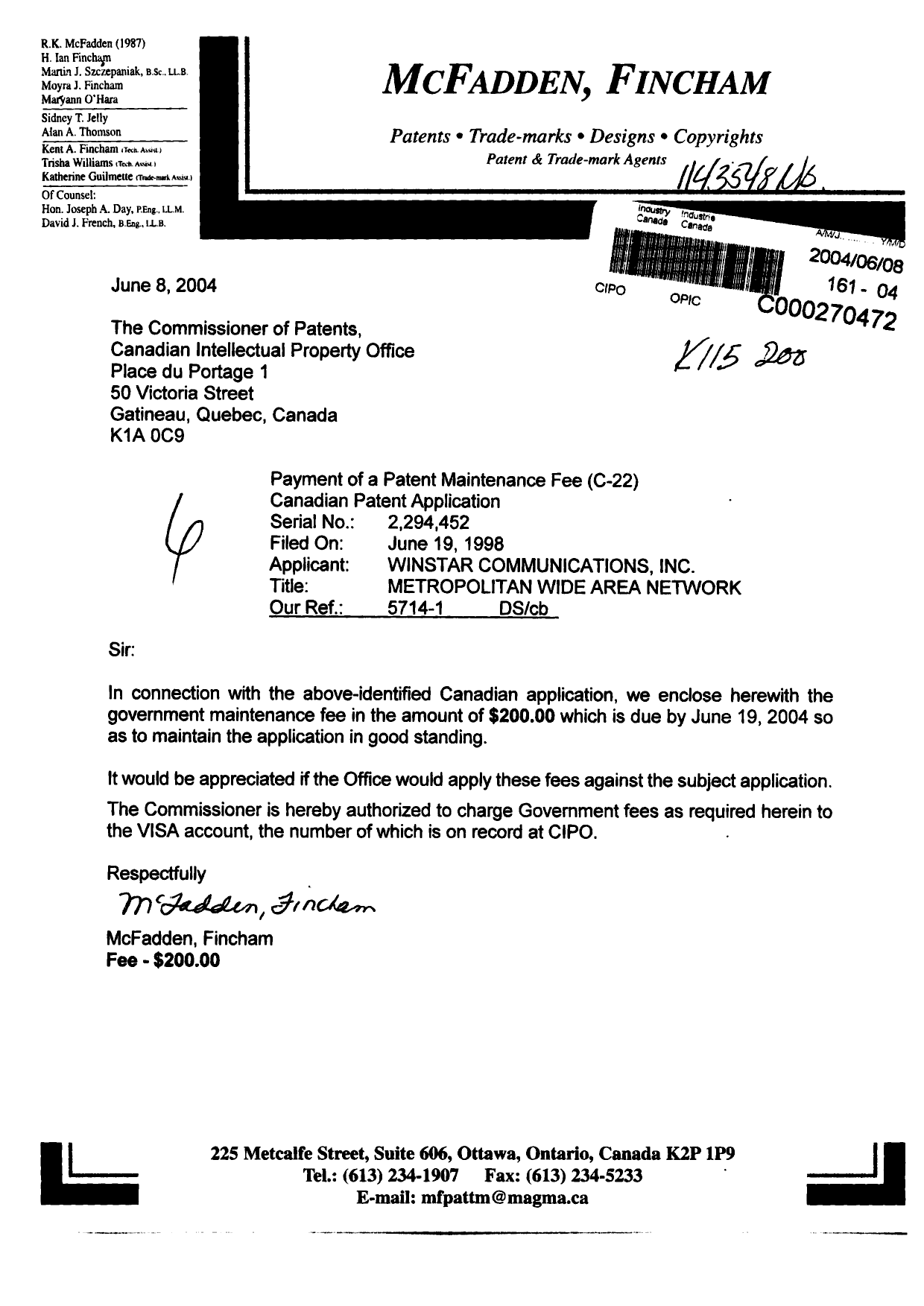 Document de brevet canadien 2294452. Taxes 20040608. Image 1 de 1