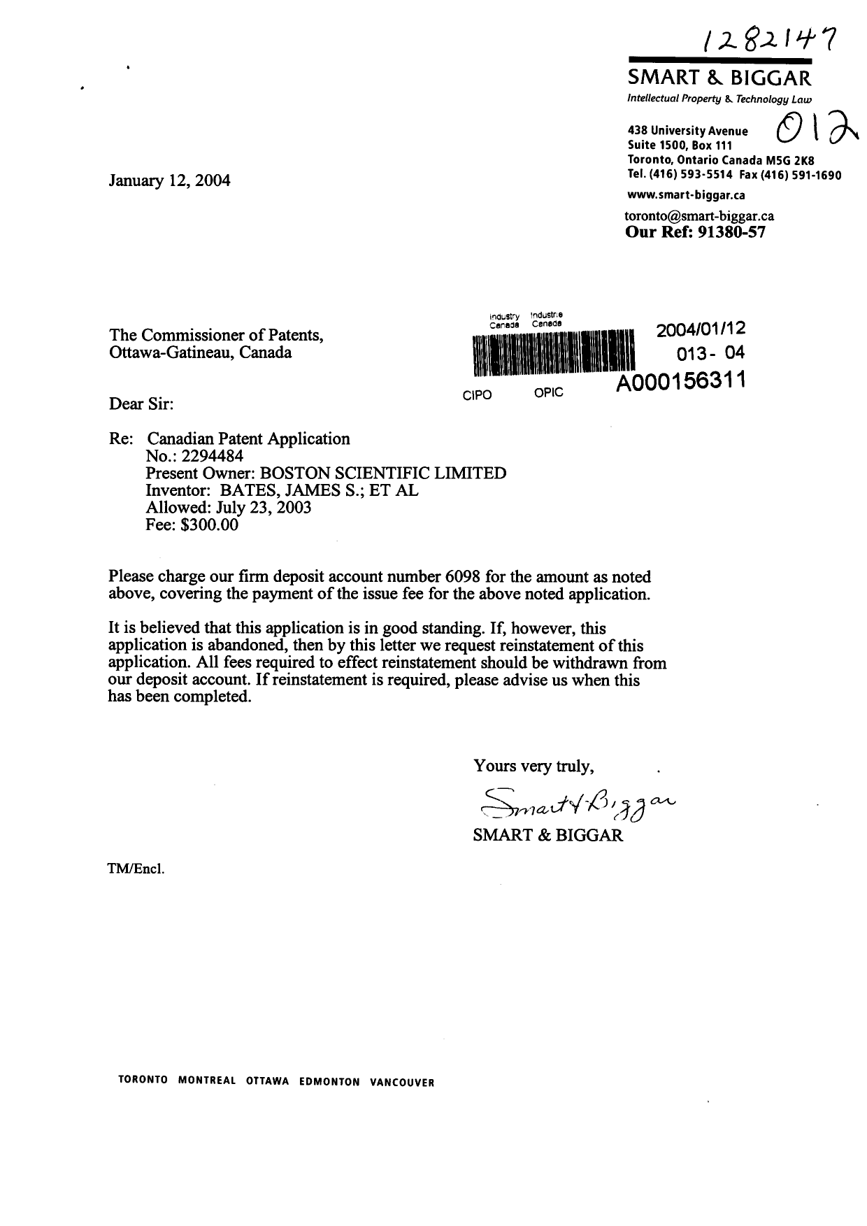 Document de brevet canadien 2294484. Correspondance 20031212. Image 1 de 1