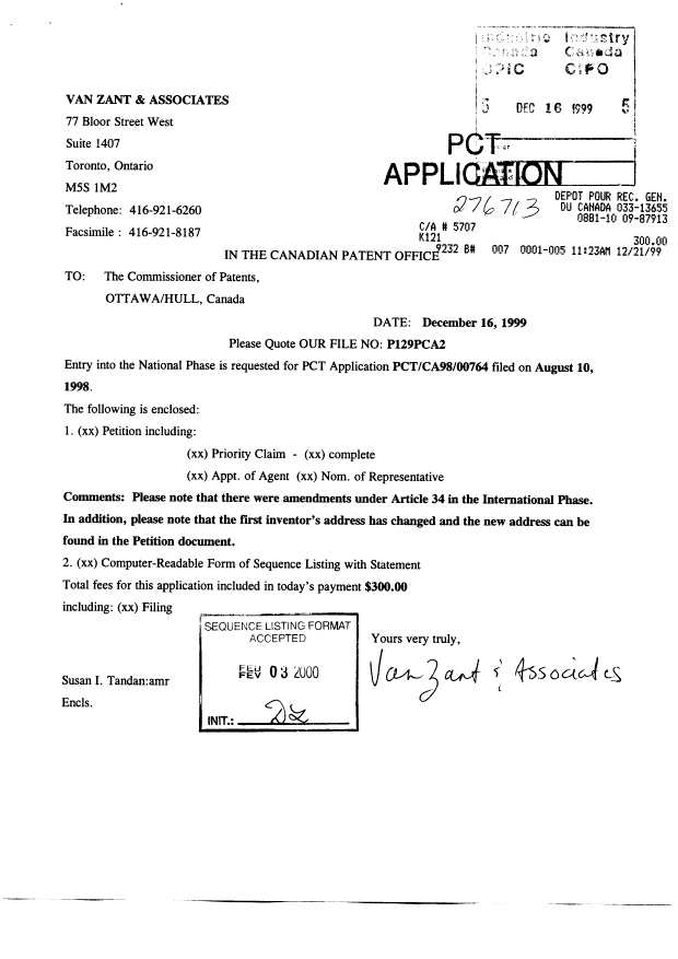 Canadian Patent Document 2294562. Assignment 19991216. Image 1 of 3