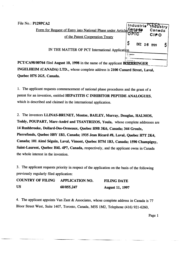 Document de brevet canadien 2294562. Cession 19991216. Image 2 de 3