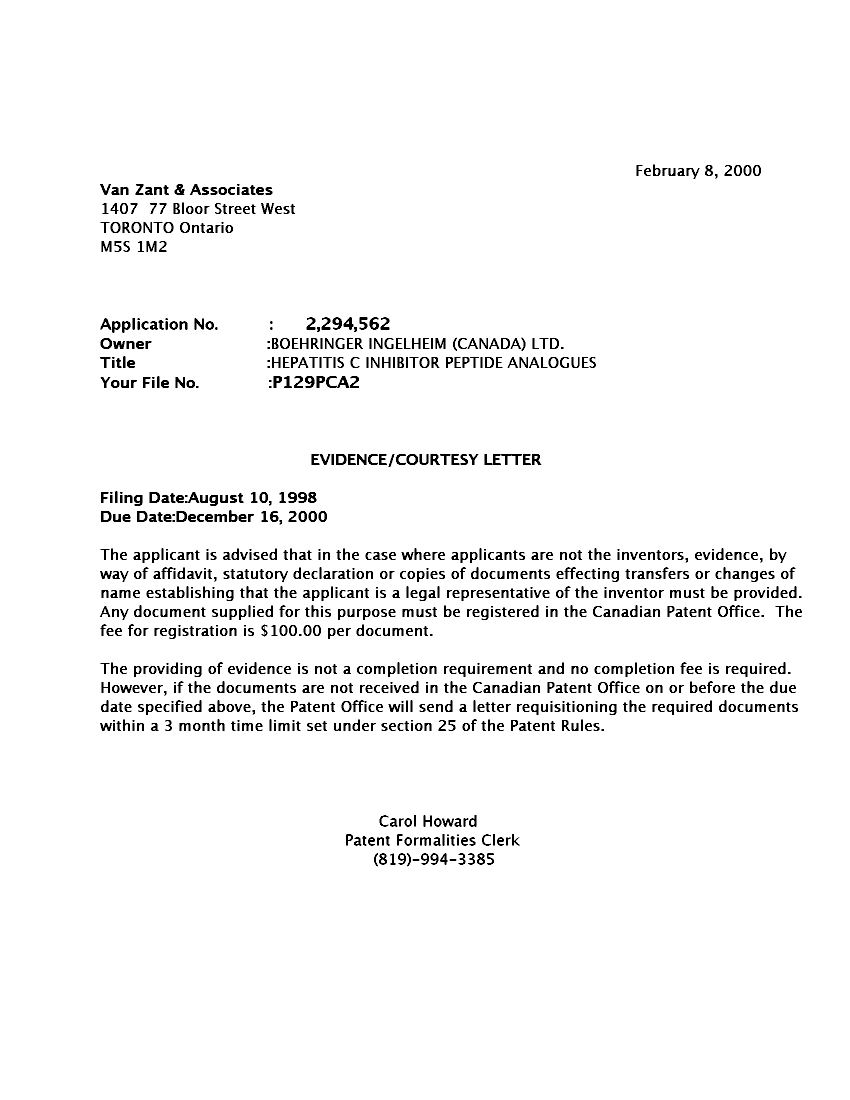 Document de brevet canadien 2294562. Correspondance 20000204. Image 1 de 1