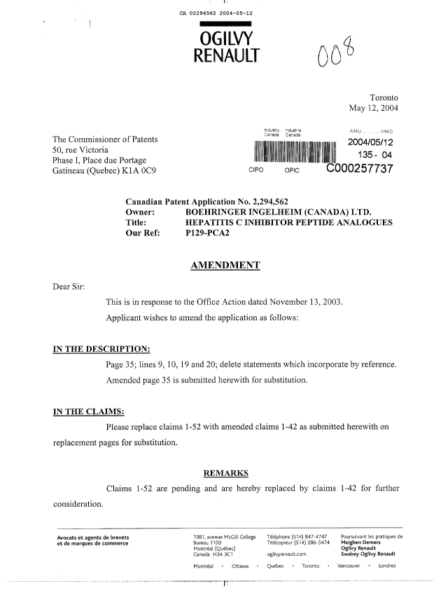 Canadian Patent Document 2294562. Prosecution-Amendment 20040512. Image 1 of 24