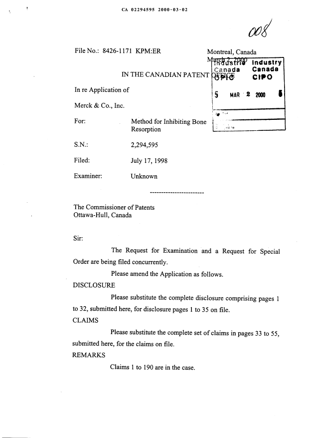 Canadian Patent Document 2294595. Prosecution-Amendment 20000302. Image 1 of 62