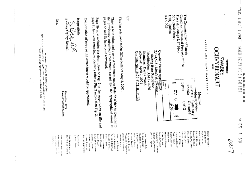 Canadian Patent Document 2294595. Prosecution-Amendment 20001208. Image 1 of 9
