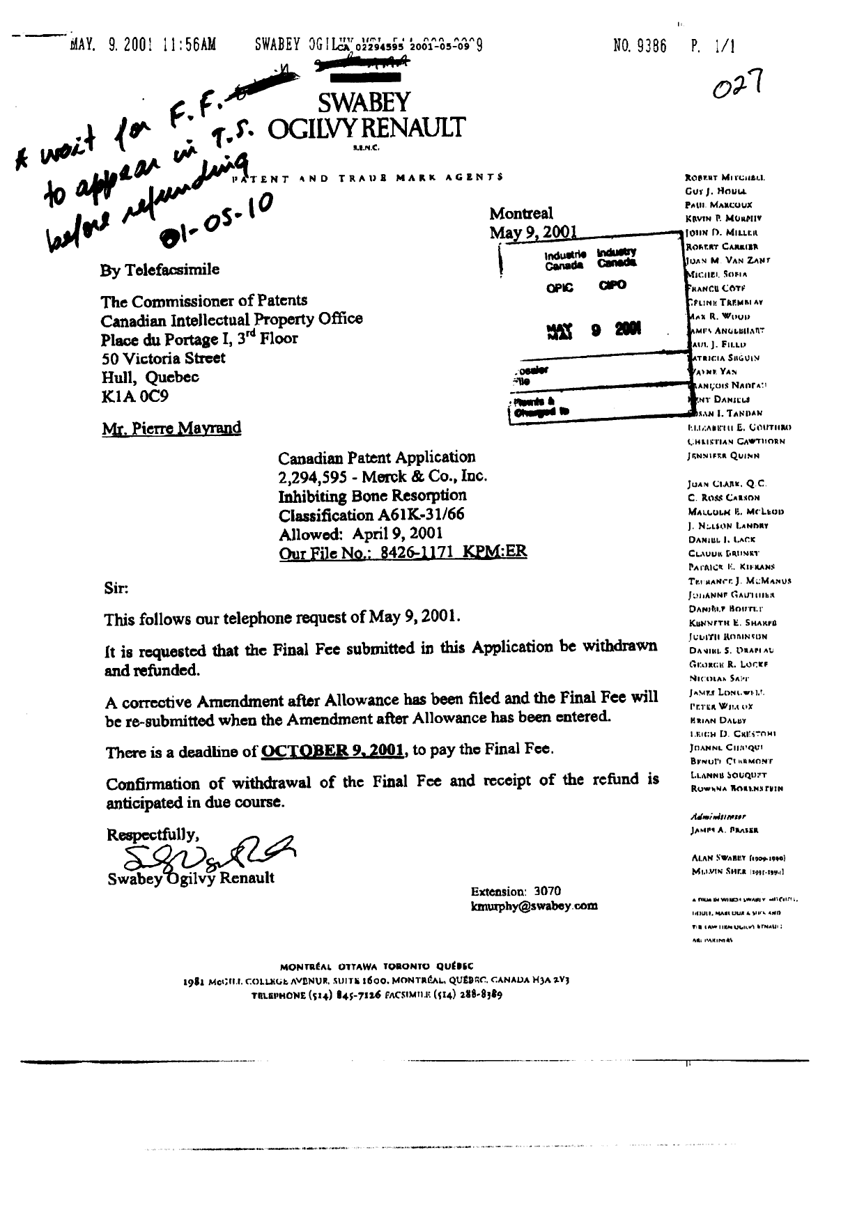 Document de brevet canadien 2294595. Correspondance 20001230. Image 3 de 4