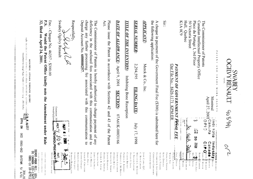 Document de brevet canadien 2294595. Correspondance 20010430. Image 2 de 4