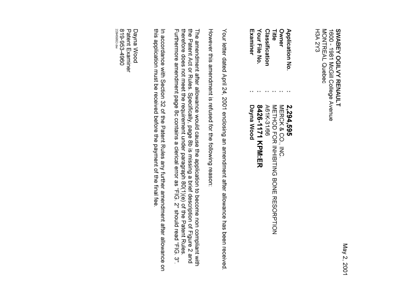 Document de brevet canadien 2294595. Correspondance 20010502. Image 1 de 1