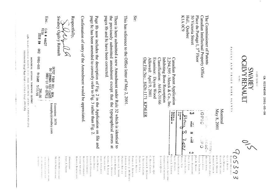 Canadian Patent Document 2294595. Prosecution-Amendment 20010508. Image 1 of 8