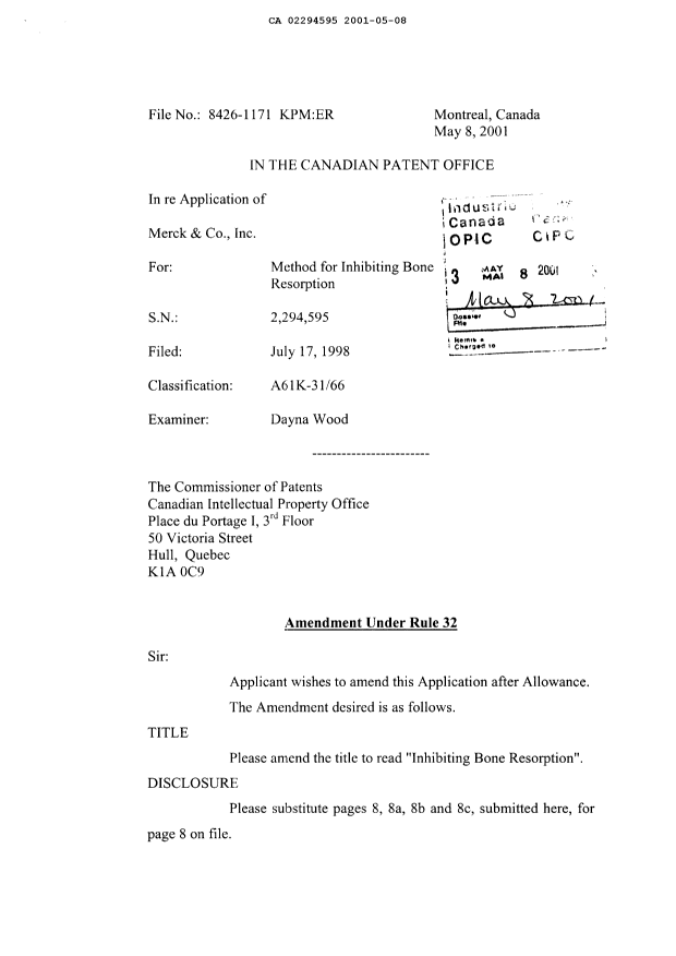 Document de brevet canadien 2294595. Poursuite-Amendment 20010508. Image 2 de 8