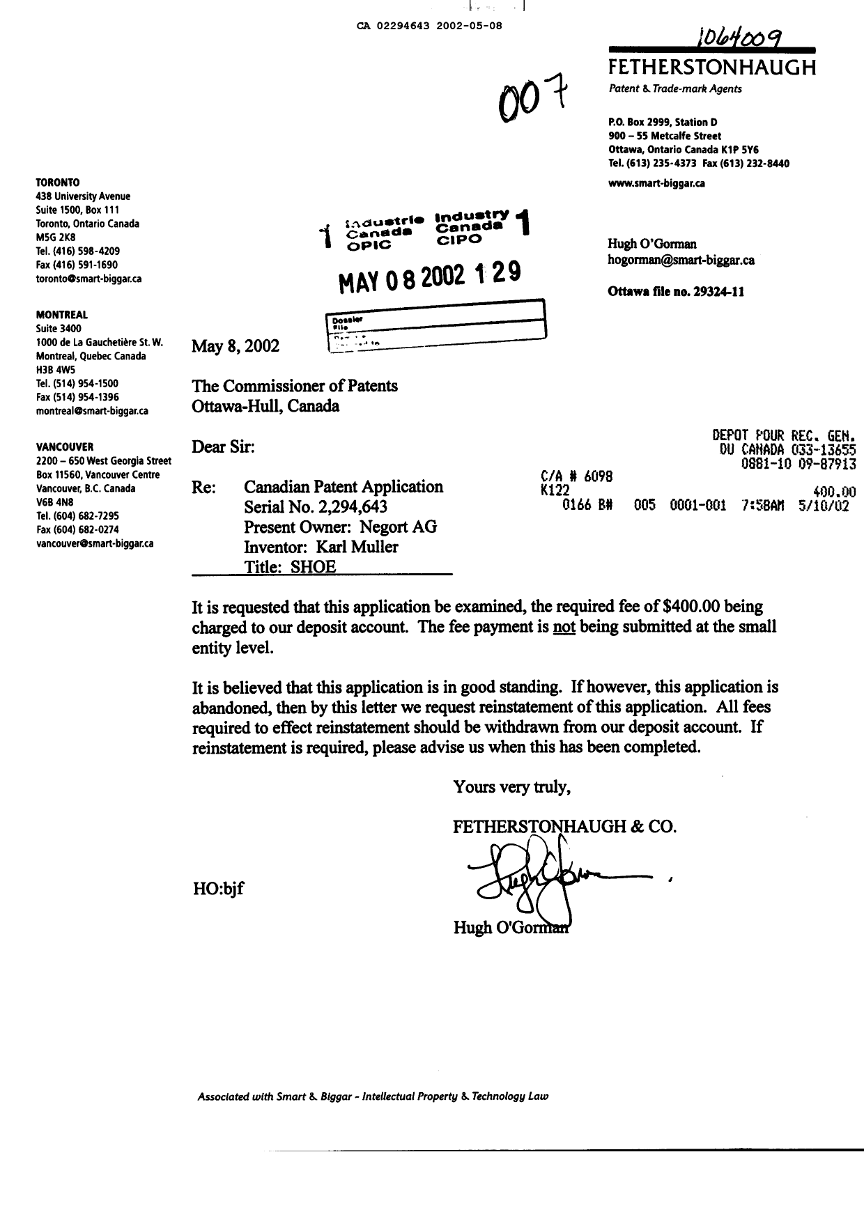 Document de brevet canadien 2294643. Poursuite-Amendment 20020508. Image 1 de 1
