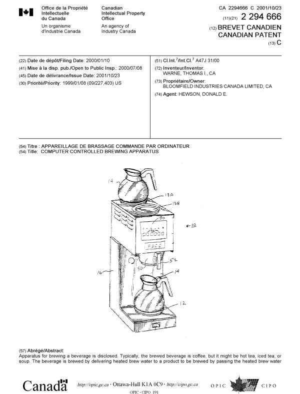 Canadian Patent Document 2294666. Cover Page 20011002. Image 1 of 2