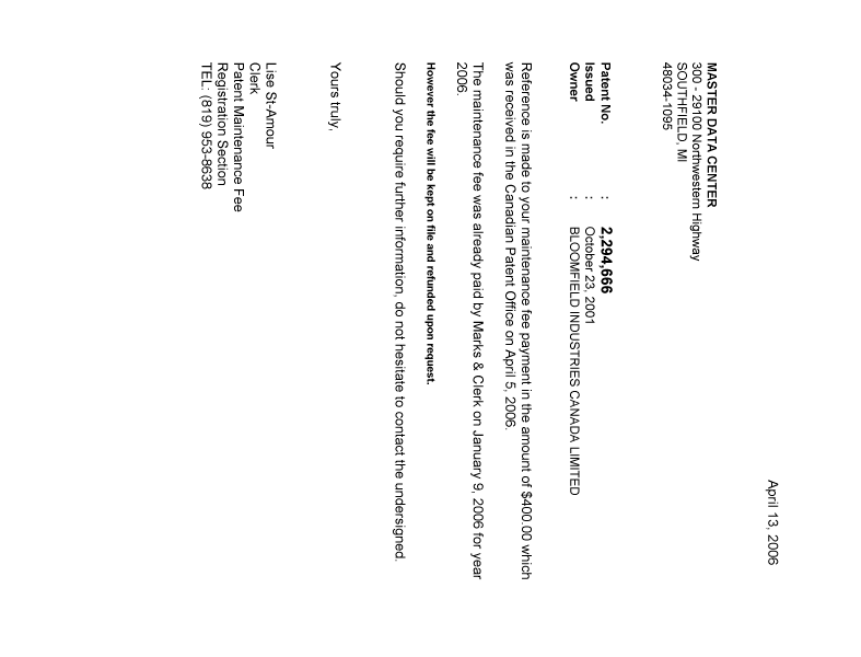 Canadian Patent Document 2294666. Correspondence 20060413. Image 1 of 1