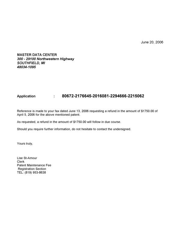 Document de brevet canadien 2294666. Correspondance 20060620. Image 1 de 1