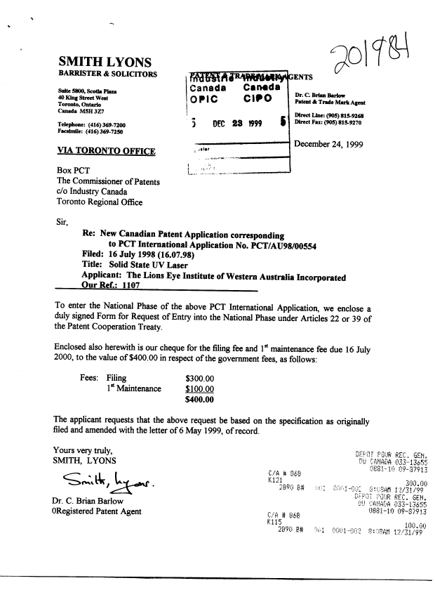 Document de brevet canadien 2294885. Cession 19991223. Image 1 de 3