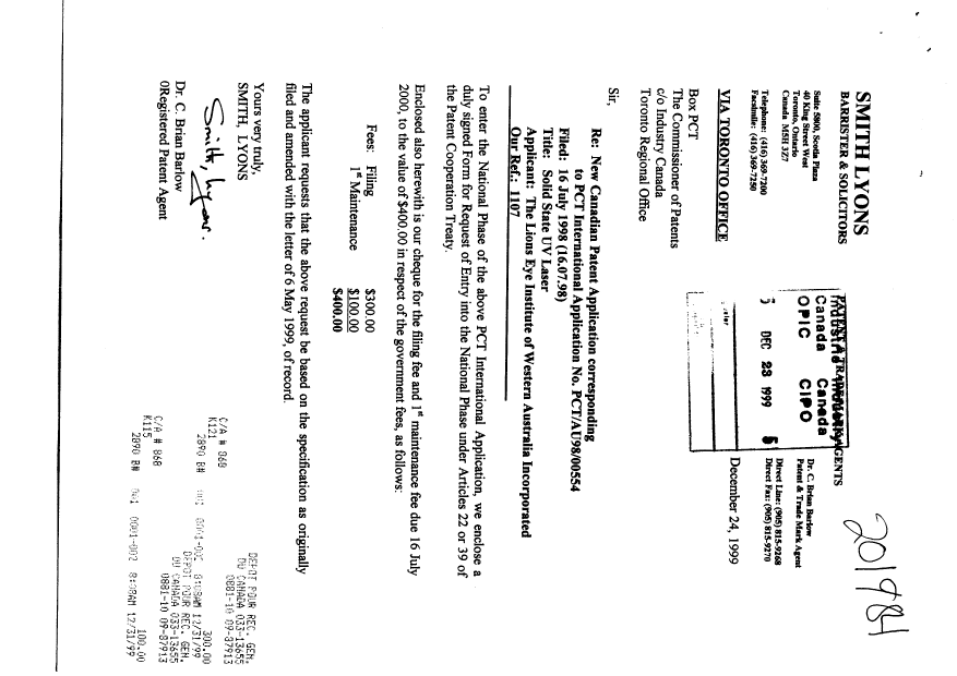 Canadian Patent Document 2294885. Assignment 19991223. Image 1 of 3